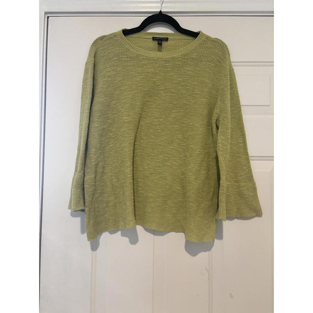 Women's sz L Eileen Fisher lime green 3/4 length sweater #1059